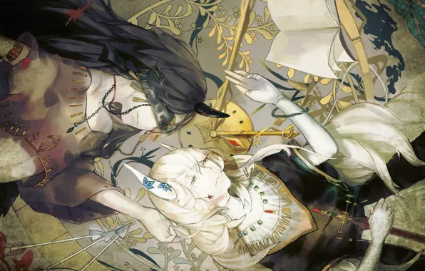 Arrows, sword, necklace, horns, book, headband, dial, demons