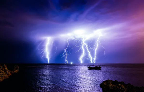 The storm, night, clouds, storm, nature, the ocean, lightning, Australia