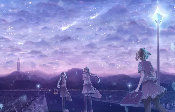 Machine, the sky, clouds, the city, lights, girls, the evening, anime