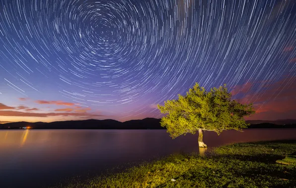 Stars, light, mountains, night, lake, tree