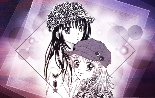 Circles, squares, cap, camouflage, Girls, two, friend, big eyes