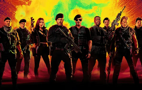 Megan Fox, Megan Fox, action, poster, Sylvester Stallone, 50 Cent, Randy Couture, Randy Couture