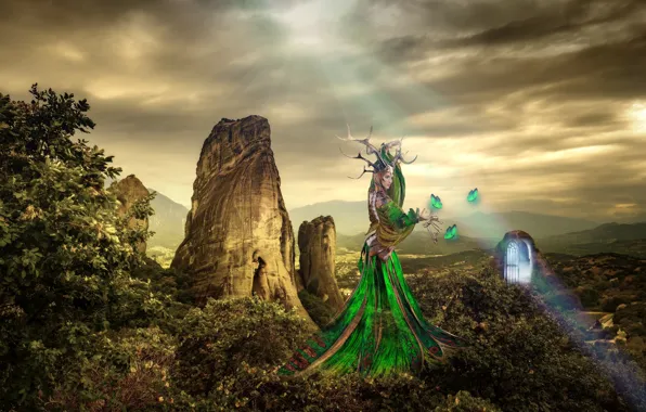 The sky, girl, clouds, rays, light, butterfly, mountains, nature
