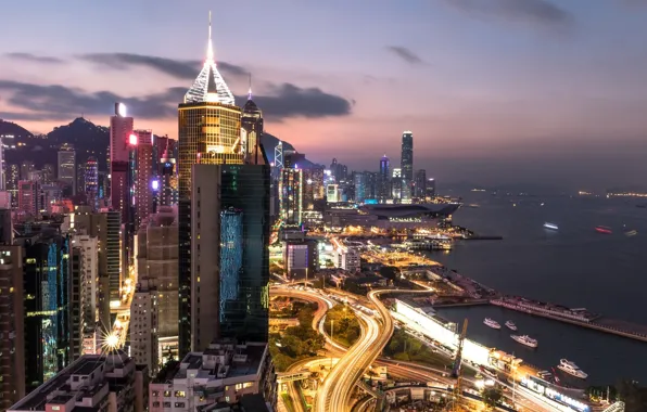 The city, lights, Hong Kong, the evening, China