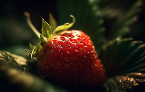 Leaves, macro, light, berries, the dark background, rendering, strawberry, digital art
