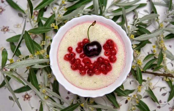 Leaves, cherry, berries, bowl, red, currants, cherry, porridge