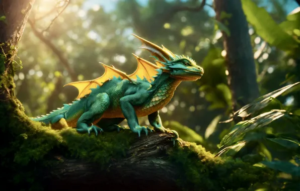 Forest, leaves, light, green, tree, dragon, log, face
