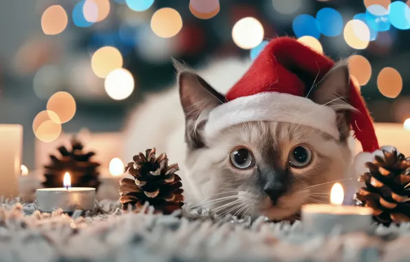 Cat, look, lights, pose, kitty, candles, Christmas, New year
