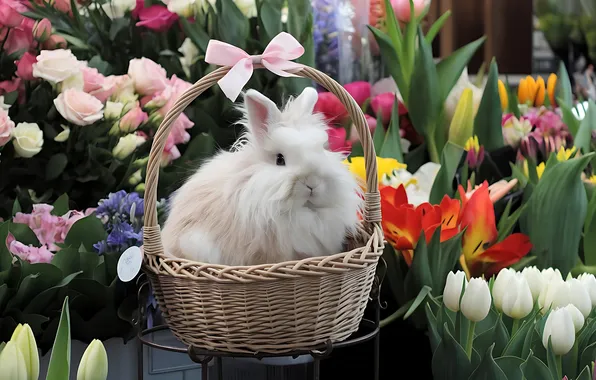White, flowers, holiday, roses, spring, fluffy, rabbit, Easter