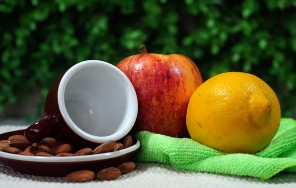 Lemon, Apple, towel, mug, nuts, still life, saucer, almonds
