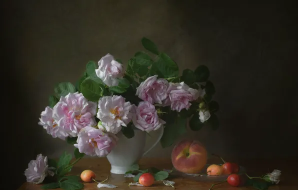 Berries, table, food, roses, bouquet, Cup, pink, still life