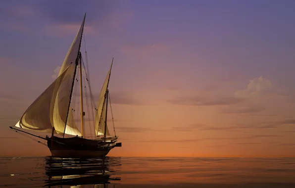 Sunset, the ocean, calm, ship, sailboat, the evening, sails, ocean