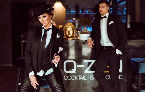 Picture pose, style, cane, model, tuxedo, Olya Alessandra, Artur Werschinin