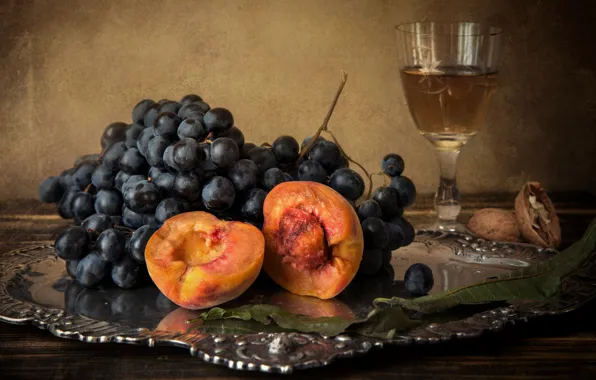 Glass, walnut, grapes, still life, peach, tray