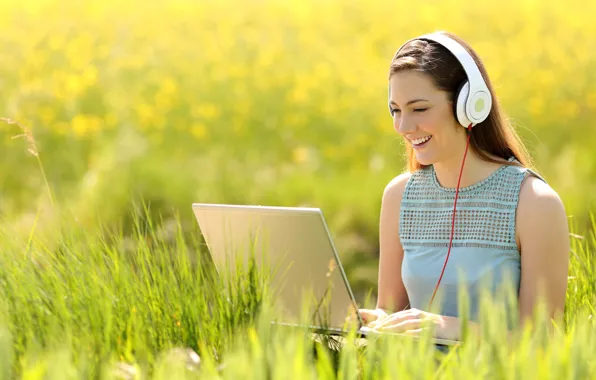 Picture greens, field, grass, girl, the sun, pose, smile, mood, makeup, headphones, dress, hairstyle, laptop, brown …