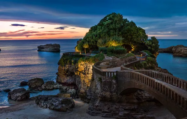 Picture sea, bridge, rocks, France, Rocher de La Vierge, Biarritz, THE ATLANTIC PYRENEES
