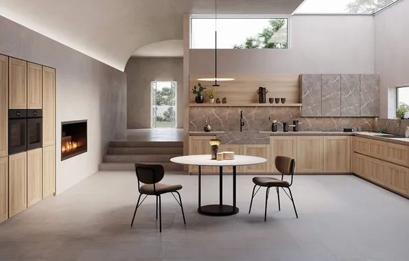 Style, Villa, interior, Italy, kitchen, fireplace, dining room, dining area