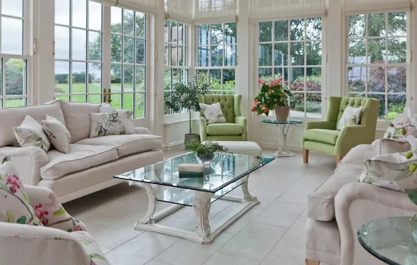 Design, style, interior, veranda, living room, cozy, upholstered furniture