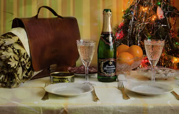 Table, holiday, toys, bottle, new year, Christmas, oranges, glasses