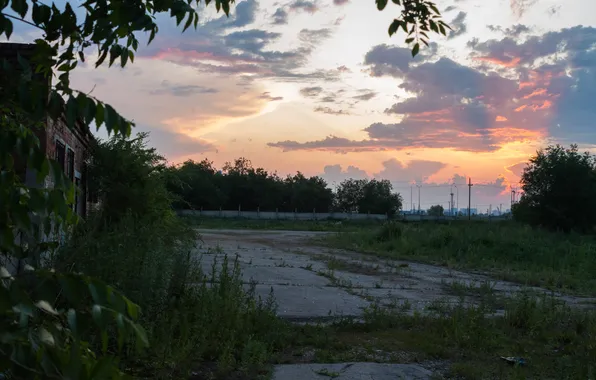 The sky, grass, clouds, trees, sunset, house, the building, the evening