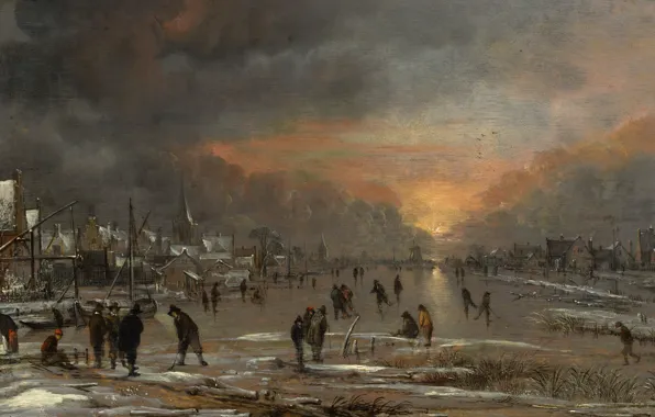 Picture landscape, picture, Aert van der Neer, Art van der Neher, Skating on the Frozen River