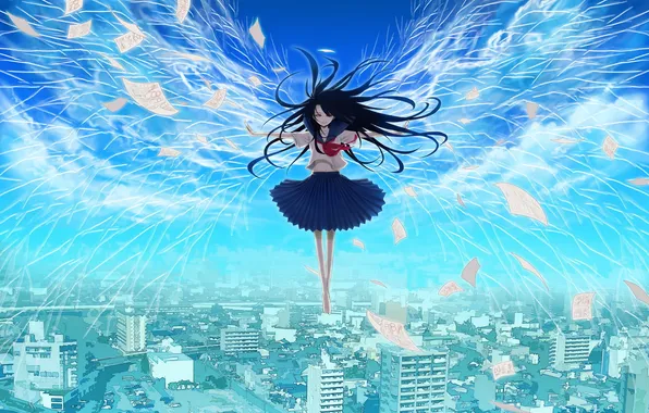 The sky, girl, home, wings, anime, leaves, form