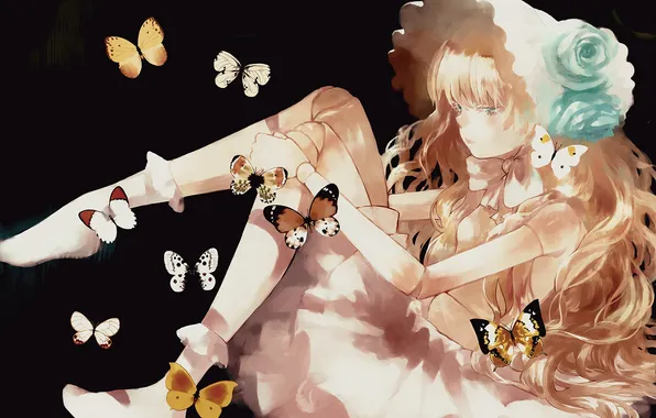 Picture girl, butterfly, flowers, roses, anime, art, moekon