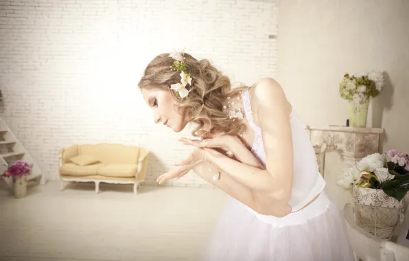 Girl, flowers, blonde, ladder, couch, curls