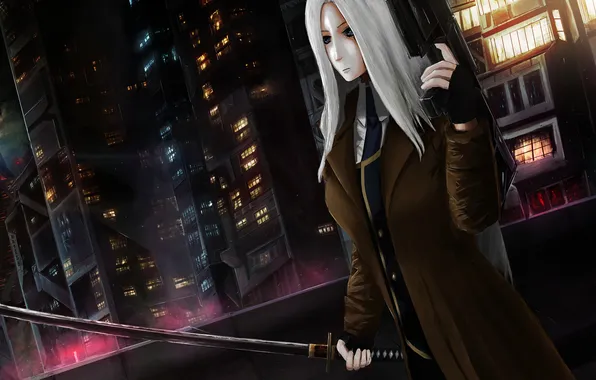 Picture girl, night, the city, weapons, sword, katana