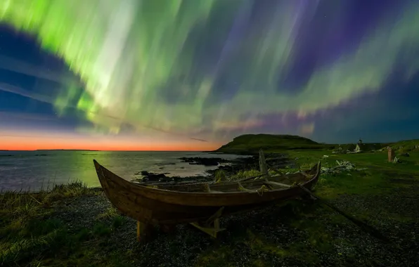 Boat, Newfoundland, Norsted, Viking Village, Northern Lights
