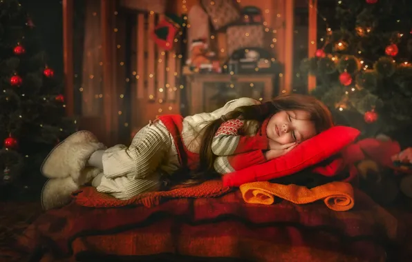 Balls, pose, room, child, sleep, Christmas, sleeping, girl
