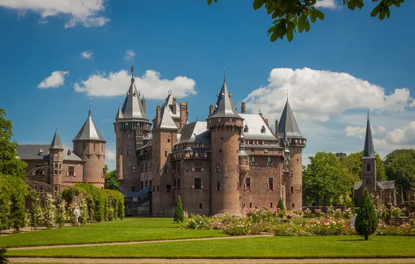 The sky, clouds, trees, landscape, flowers, Park, castle, lawn