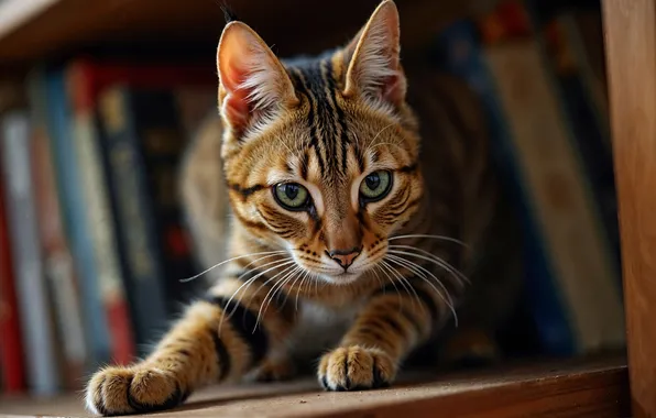 Cat, cat, look, pose, books, portrait, legs, shelf