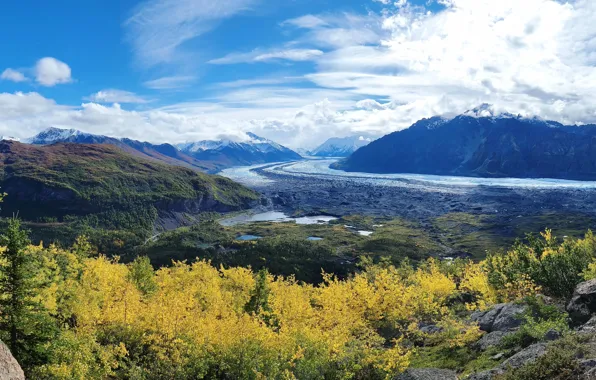 Clouds, trees, mountains, vegetation, glacier, blue sky, snowy ver