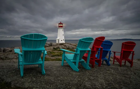 Sea, shore, lighthouse, chairs, sun loungers