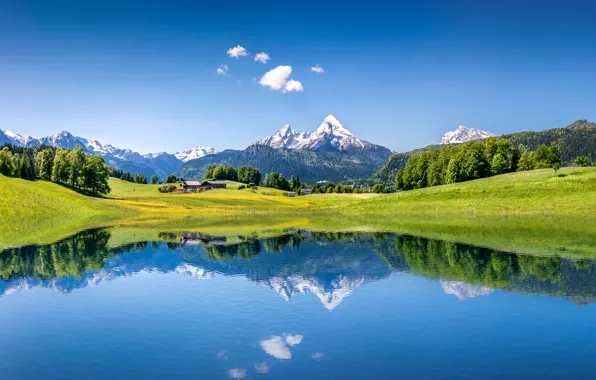 The sky, Nature, Meadows, Mountains, Lake, Switzerland, Alps, Landscape