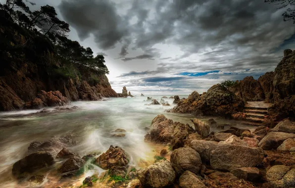 Wallpaper clouds, gloomy sky, surf, trees, shore, boulders, sea, stage