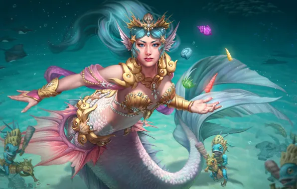 Picture art, mermaid, sea, water, girl, Cove Queen Nu Wa, Smite, NU WA