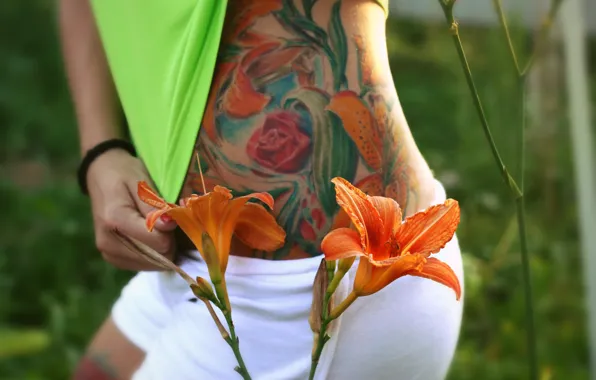 Flowers, orange, glade, figure, shorts, tattoo, t-shirt, Sophia Temnikova