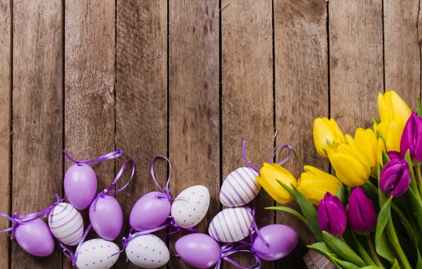 Flowers, eggs, spring, yellow, colorful, Easter, tulips, flowers