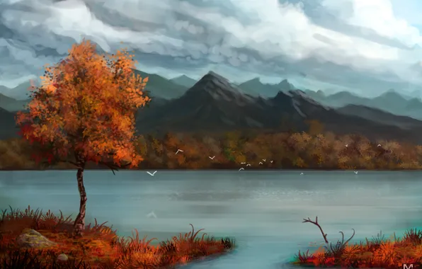 Picture autumn, mountains, birds, clouds, river, tree, art