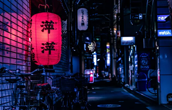 Night, bike, street, Asia, Japan, advertising, characters, Kyoto