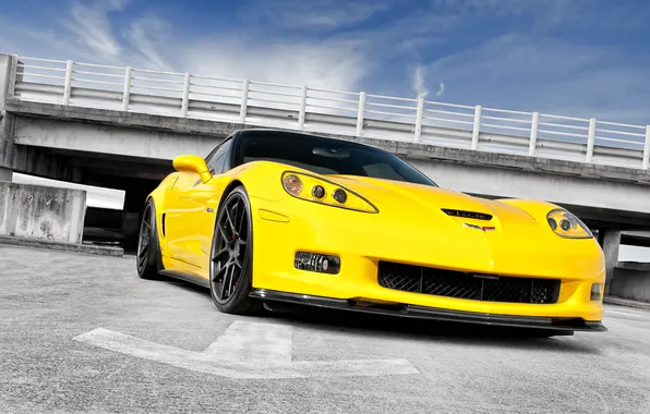 The sky, clouds, yellow, bridge, Z06, Corvette, Chevrolet, Chevrolet