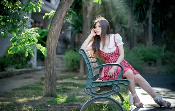 Picture girl, Asian, bench