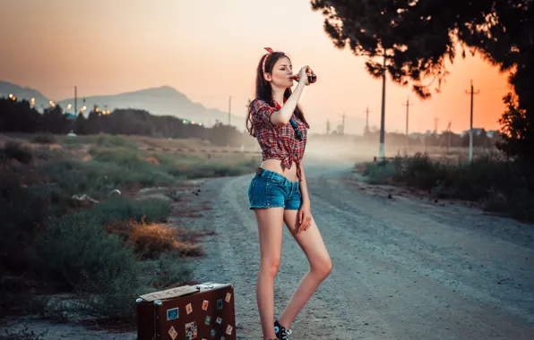 Picture road, girl, retro, shorts, suitcase, legs, pin up