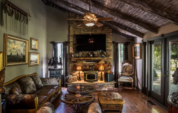 Design, style, lamp, tree, leather, pictures, fireplace, sofas