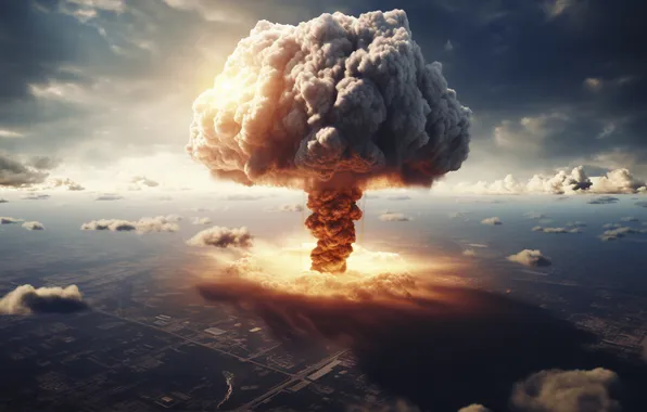 Clouds, Mushroom, The explosion, Digital art, A nuclear explosion, Buildings, AI art, Nuclear weapon