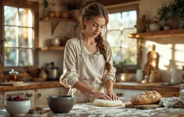 Picture girl, kitchen, braid, flour, the dough, cooking, AI art, neural network