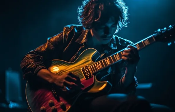 Light, night, music, the game, guitar, guitarist, male, guy