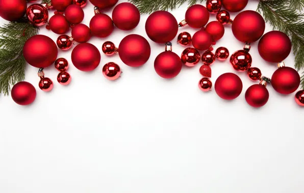 Balls, branches, Christmas, red, white background, New year, needles, Christmas decorations